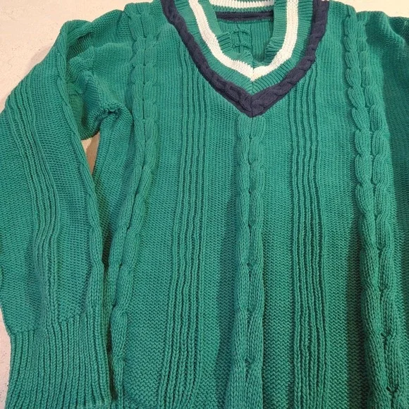 Vintage Cotton Sweater – L Teal/Green Cricket V-Neck Cable Knit READ - Picture 2 of 8